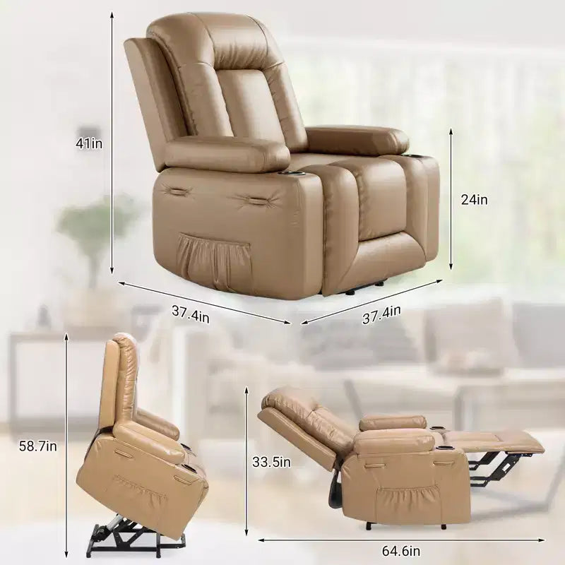 COZONY Leather Power Lift Recliner Chair for Elderly, 22 Wide Lift Assist Recliner with Heat & Massage, Side Pockets & Cup Holders for Living Room