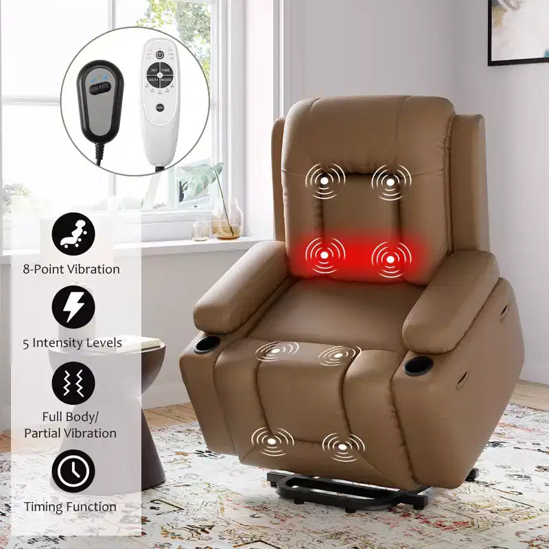 COZONY Leather Power Lift Recliner Chair for Elderly, 22 Wide Lift Assist Recliner with Heat & Massage, Side Pockets & Cup Holders for Living Room