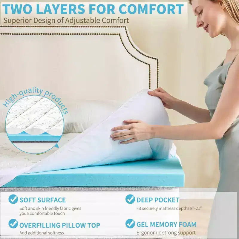 MAYEERTY 2 Inch Cool Pillow Top Mattress Double Layer Gel Memory Foam Medium Firm Back Pain Relief