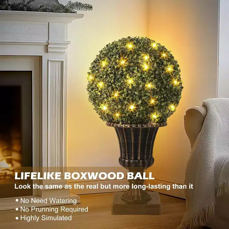 Acekool LED Boxwood Topiary Ball, 40 Lights, UV Resistant, Waterproof, Remote, Pot Base, Easy Assembly for Porch, Balcony, Garden, 2ps