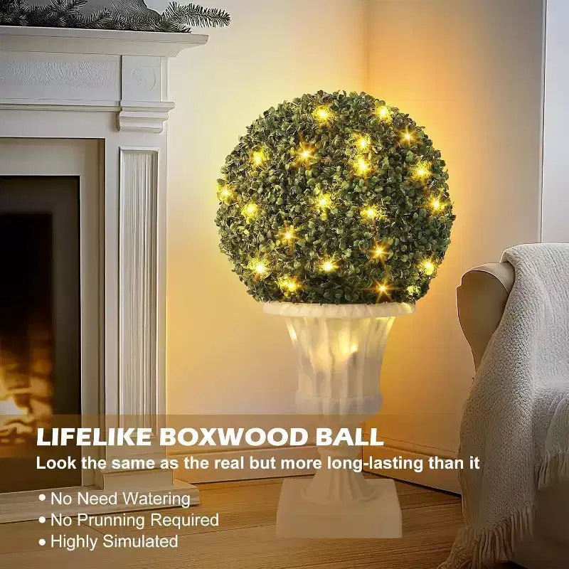 Acekool LED Boxwood Topiary Ball, 40 Lights, UV Resistant, Waterproof, Remote, Pot Base, Easy Assembly for Porch, Balcony, Garden, 2ps