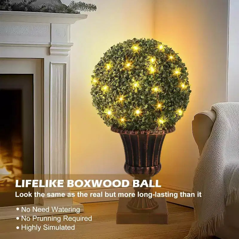 Acekool LED Boxwood Topiary Ball, 40 Lights, UV Resistant, Waterproof, Remote, Pot Base, Easy Assembly for Porch, Balcony, Garden, 2ps