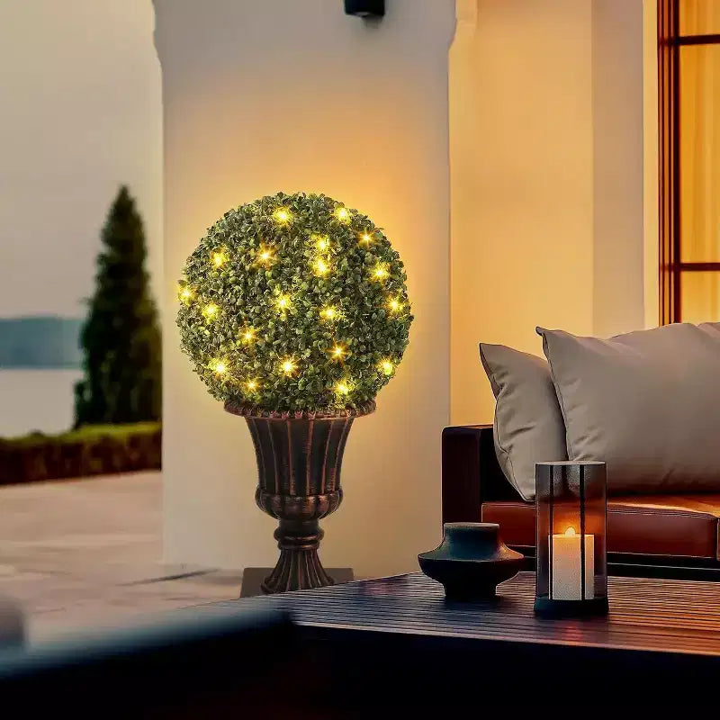 Acekool LED Boxwood Topiary Ball, 40 Lights, UV Resistant, Waterproof, Remote, Pot Base, Easy Assembly for Porch, Balcony, Garden, 2ps