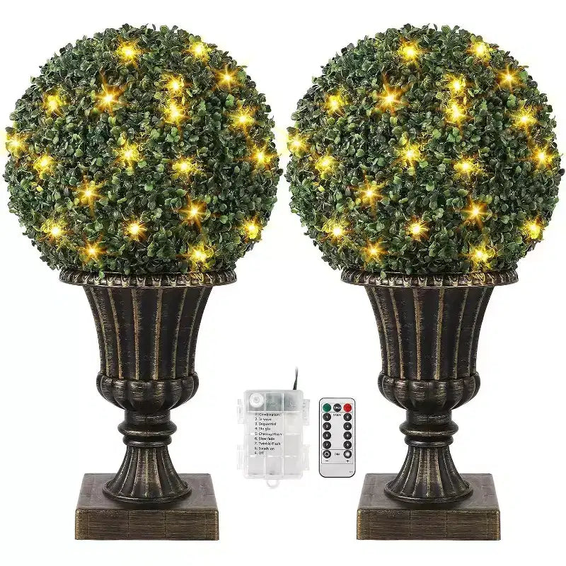 Acekool LED Boxwood Topiary Ball, 40 Lights, UV Resistant, Waterproof, Remote, Pot Base, Easy Assembly for Porch, Balcony, Garden, 2ps