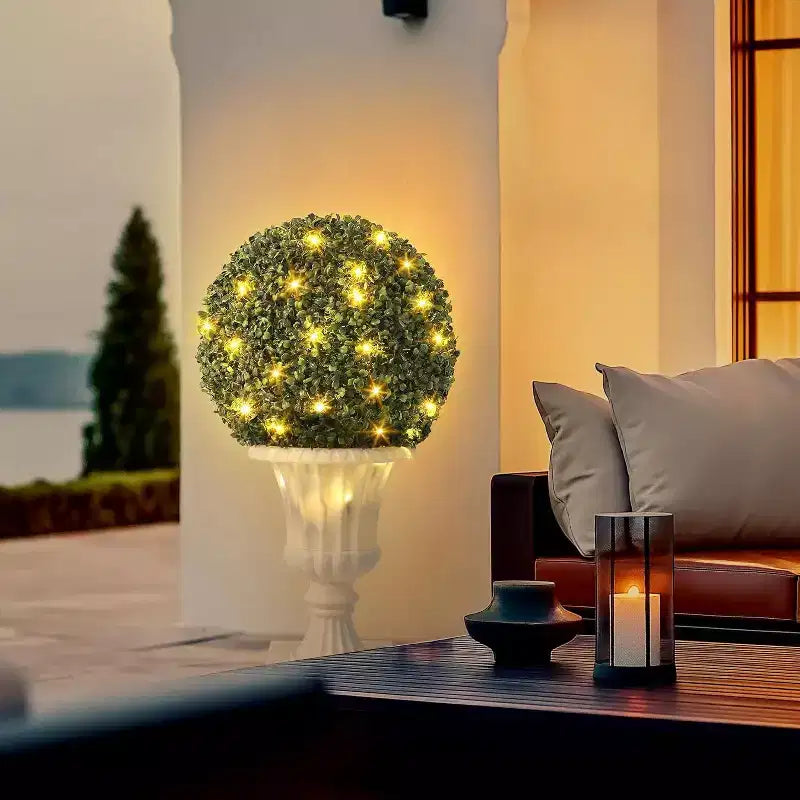 Acekool LED Boxwood Topiary Ball, 40 Lights, UV Resistant, Waterproof, Remote, Pot Base, Easy Assembly for Porch, Balcony, Garden, 2ps