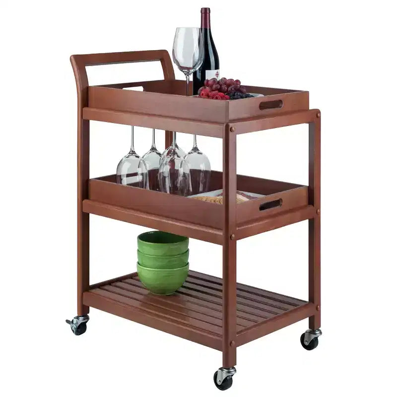 Winsome Albert Entertainment Cart Walnut : Hardwood Rolling Tea Cart with 2 Shelves, Adult Assembly Required