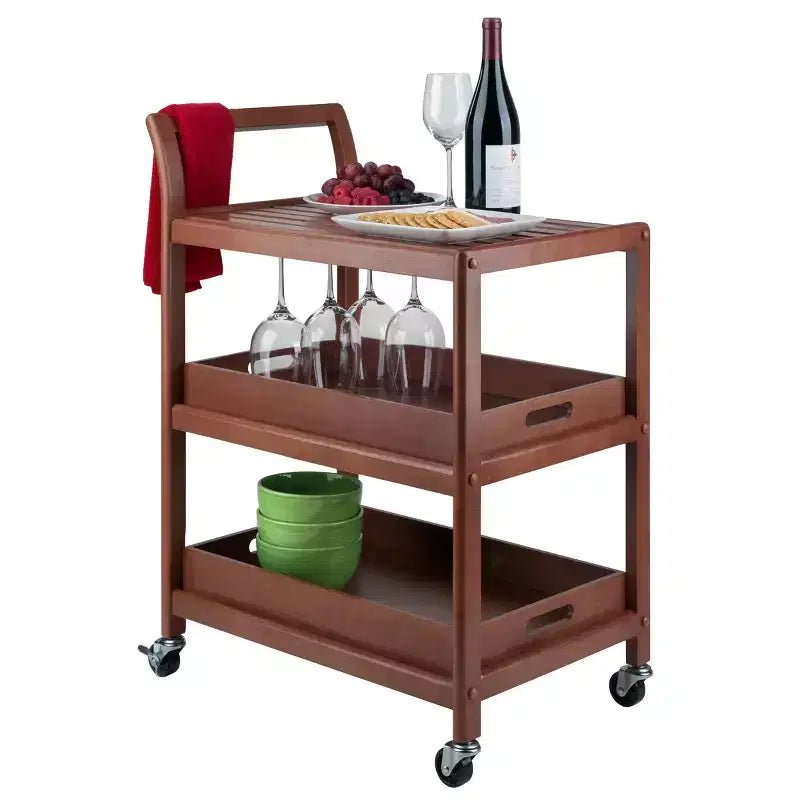 Winsome Albert Entertainment Cart Walnut : Hardwood Rolling Tea Cart with 2 Shelves, Adult Assembly Required