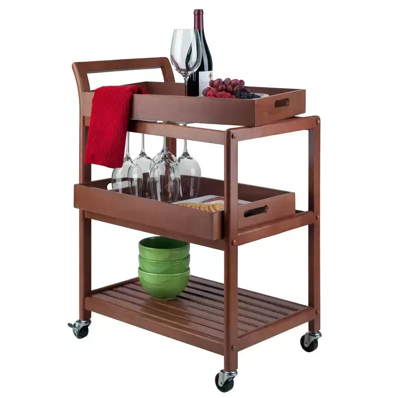 Winsome Albert Entertainment Cart Walnut : Hardwood Rolling Tea Cart with 2 Shelves, Adult Assembly Required