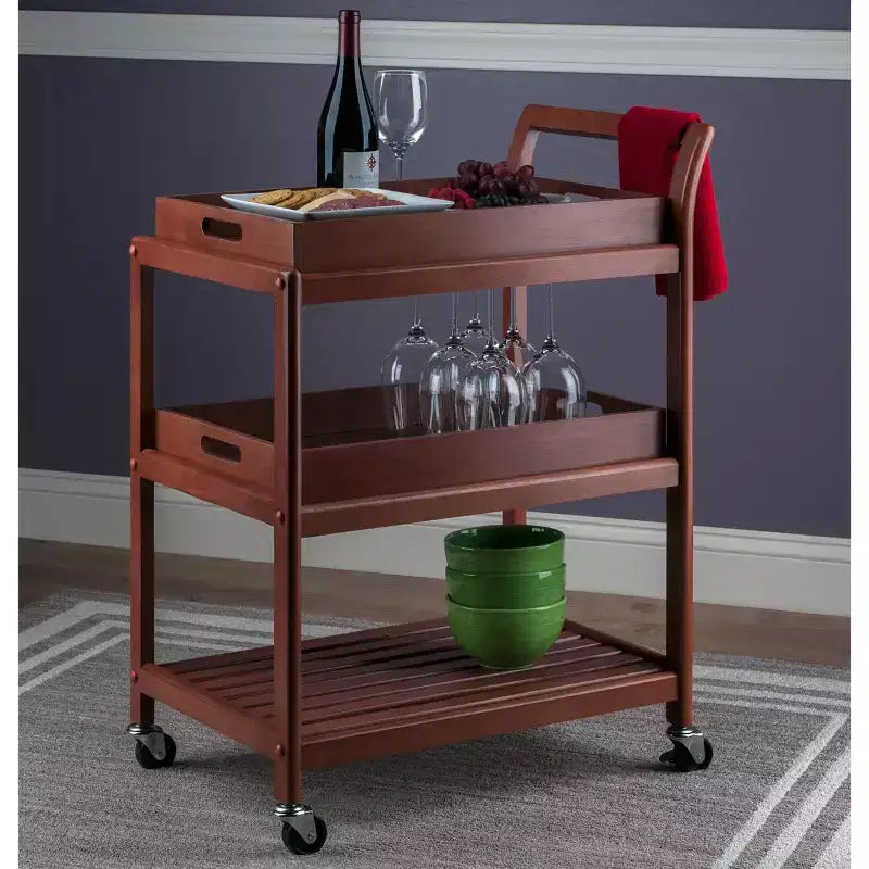 Winsome Albert Entertainment Cart Walnut : Hardwood Rolling Tea Cart with 2 Shelves, Adult Assembly Required