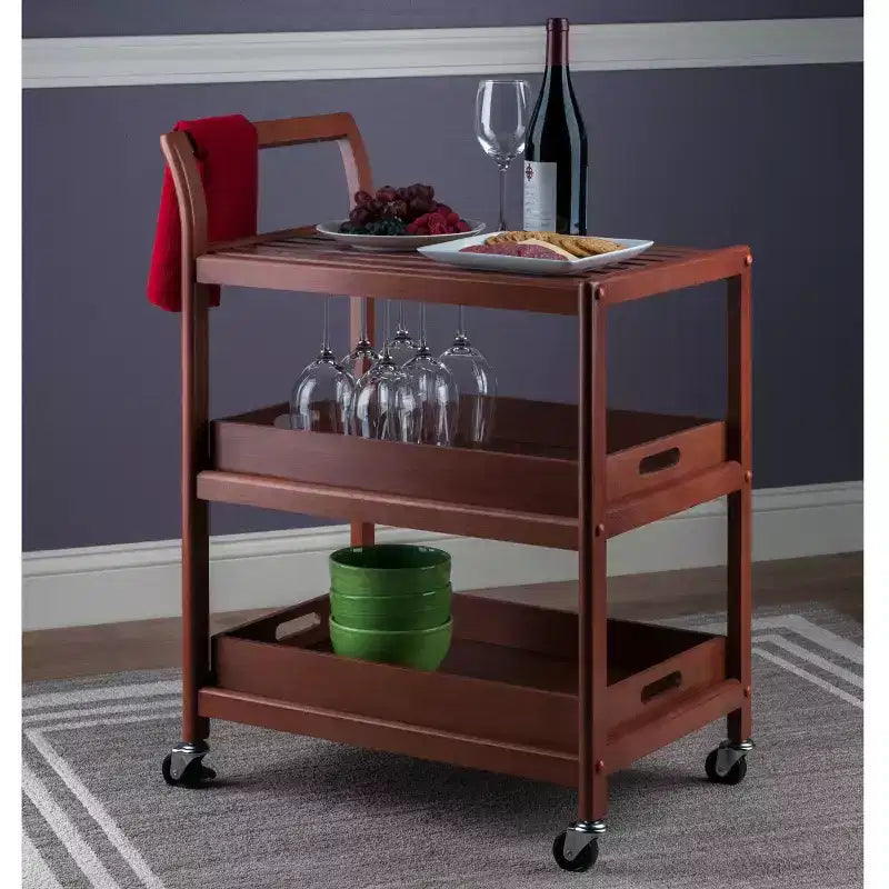 Winsome Albert Entertainment Cart Walnut : Hardwood Rolling Tea Cart with 2 Shelves, Adult Assembly Required