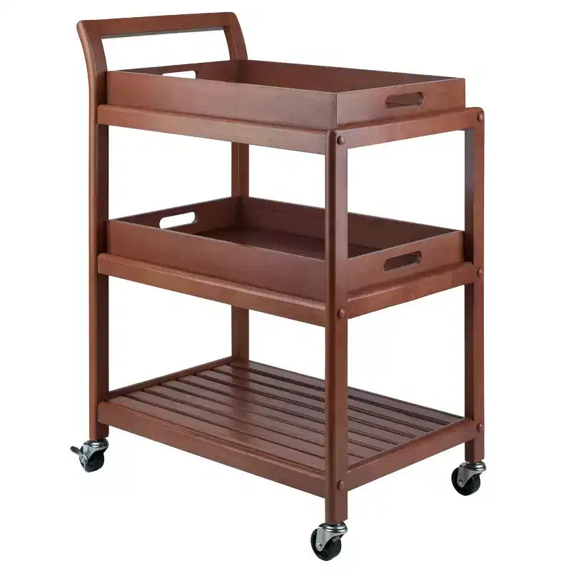 Winsome Albert Entertainment Cart Walnut : Hardwood Rolling Tea Cart with 2 Shelves, Adult Assembly Required