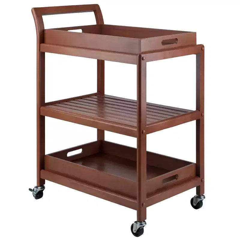 Winsome Albert Entertainment Cart Walnut : Hardwood Rolling Tea Cart with 2 Shelves, Adult Assembly Required