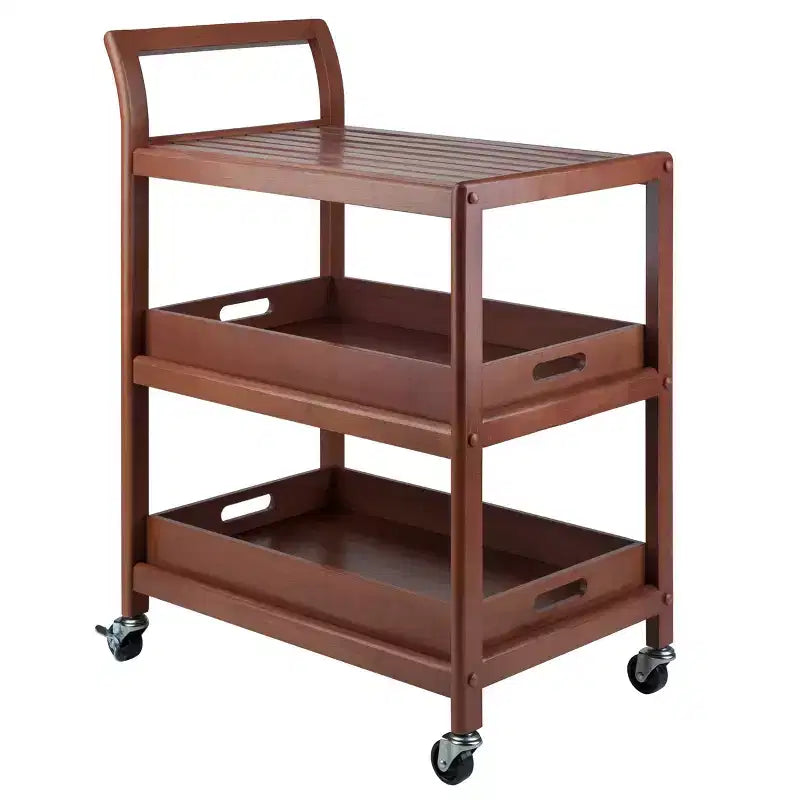 Winsome Albert Entertainment Cart Walnut : Hardwood Rolling Tea Cart with 2 Shelves, Adult Assembly Required