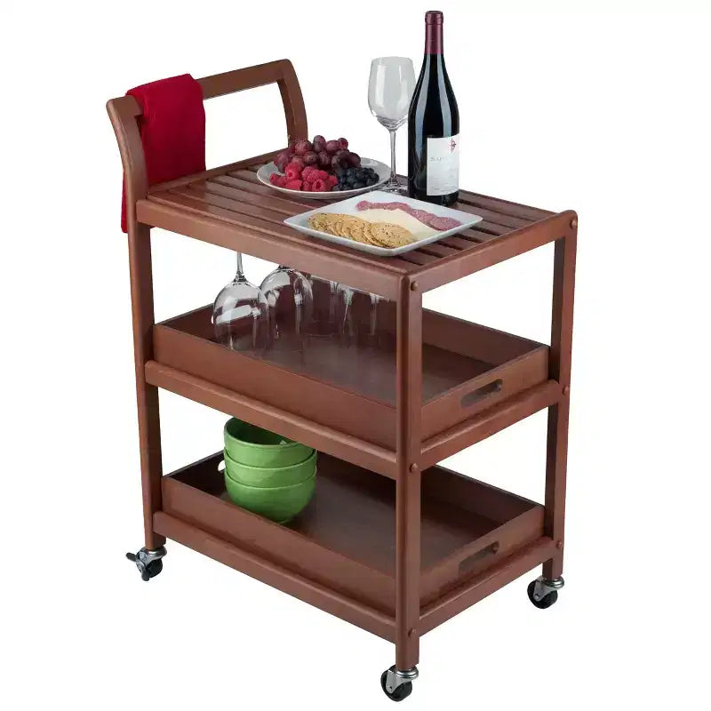 Winsome Albert Entertainment Cart Walnut : Hardwood Rolling Tea Cart with 2 Shelves, Adult Assembly Required