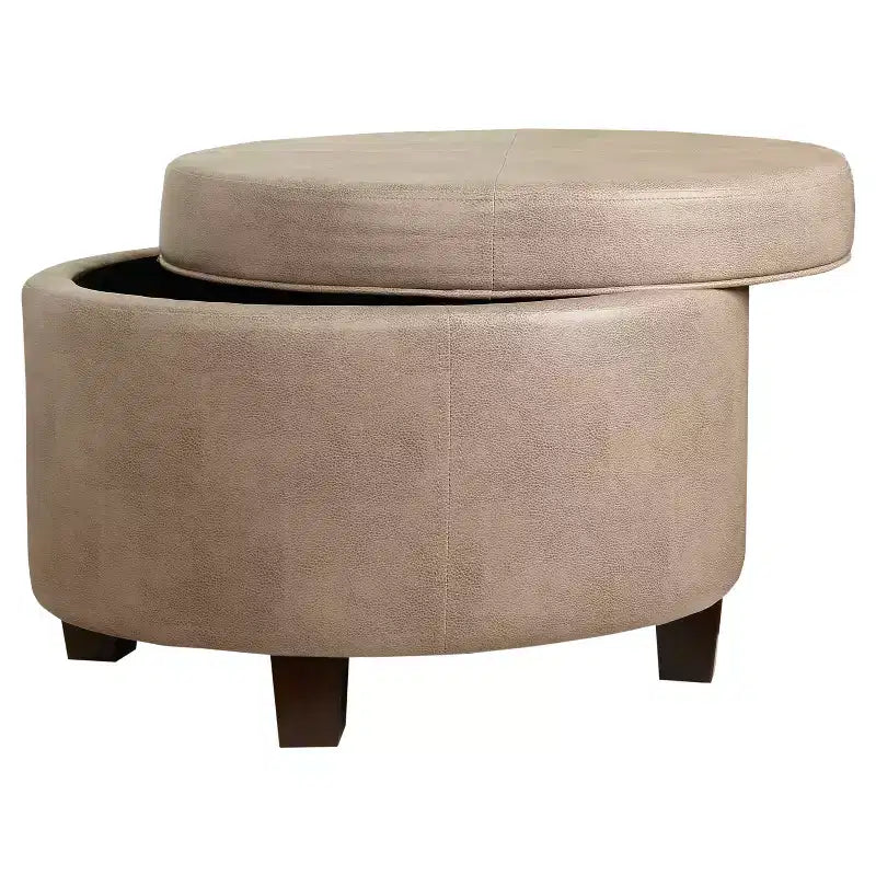 Round Faux Leather Storage Ottoman Taupe - HomePop