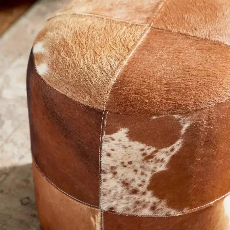 Wood and Leather Rustic Round Ottoman Brown - Olivia & May