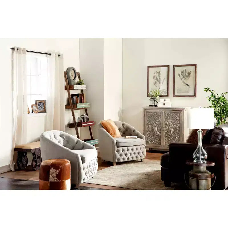 Wood and Leather Rustic Round Ottoman Brown - Olivia & May
