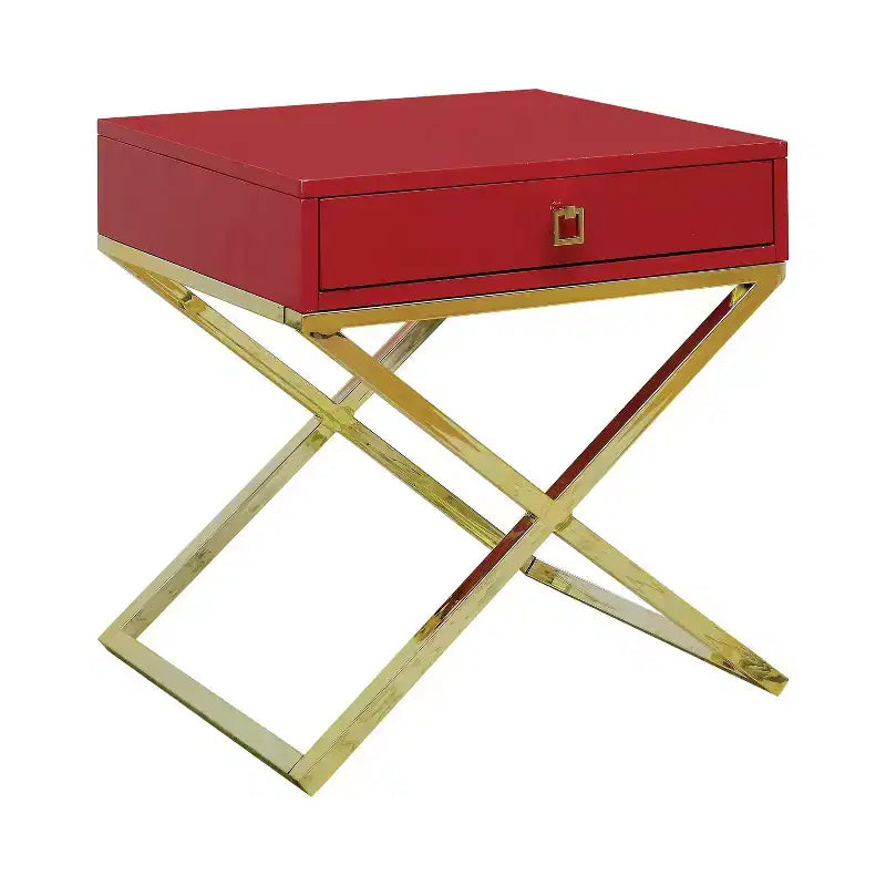24/7 Shop At Home Trilla X-Shape Side Table Red: Champagne Finish, Acrylic Handle, Storage Drawer