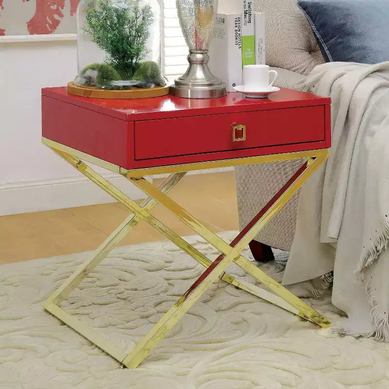 24/7 Shop At Home Trilla X-Shape Side Table Red: Champagne Finish, Acrylic Handle, Storage Drawer