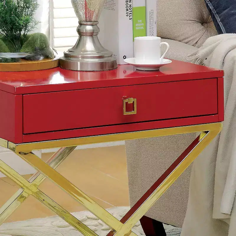 24/7 Shop At Home Trilla X-Shape Side Table Red: Champagne Finish, Acrylic Handle, Storage Drawer