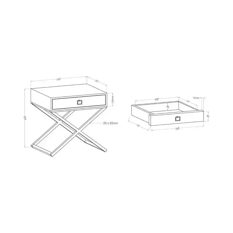 24/7 Shop At Home Trilla X-Shape Side Table Red: Champagne Finish, Acrylic Handle, Storage Drawer