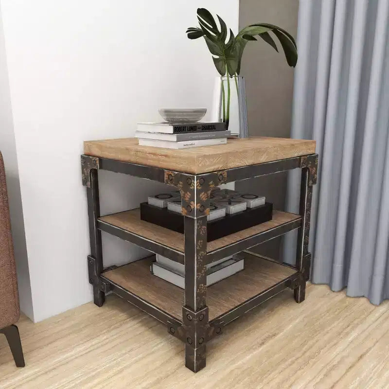 Olivia & May Industrial 3 Tier Side Table Brown: Sturdy Wood Frame, Fixed Shelves, Square Shape