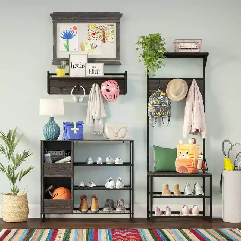RiverRidge Afton Entryway Shoe Storage Organizer with 3 Shoe Racks and 2 Shoe Organizer Boxes - Weathered Woodgrain