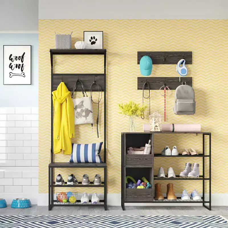 RiverRidge Afton Entryway Shoe Storage Organizer with 3 Shoe Racks and 2 Shoe Organizer Boxes - Weathered Woodgrain