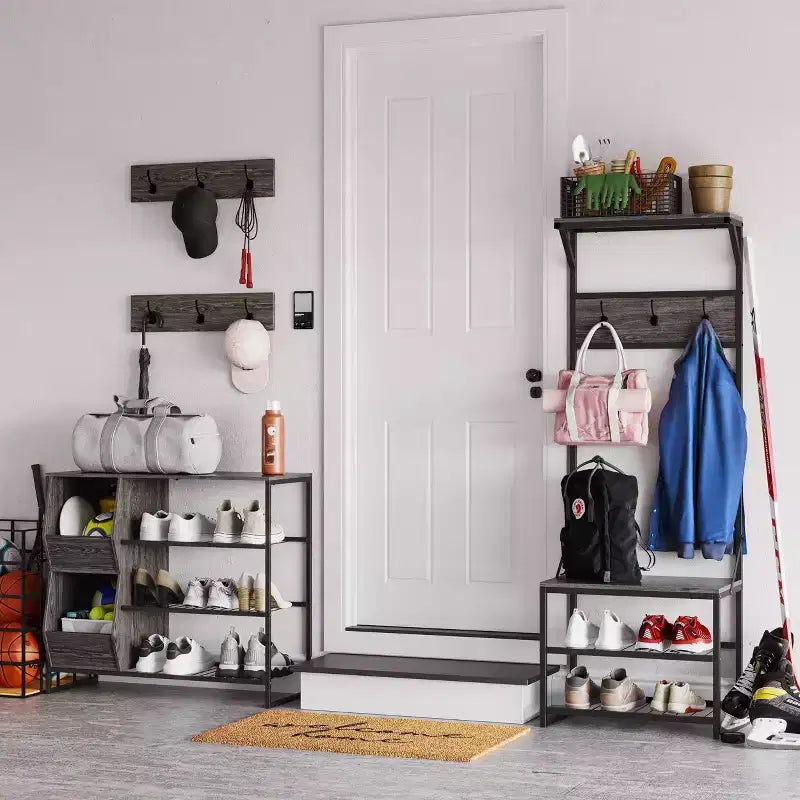RiverRidge Afton Entryway Shoe Storage Organizer with 3 Shoe Racks and 2 Shoe Organizer Boxes - Weathered Woodgrain