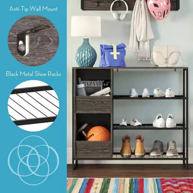 RiverRidge Afton Entryway Shoe Storage Organizer with 3 Shoe Racks and 2 Shoe Organizer Boxes - Weathered Woodgrain
