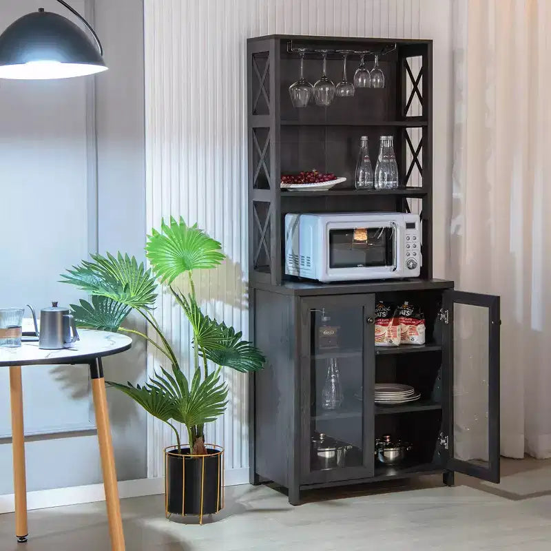 Costway Tall Freestanding Bar Cabinet Kitchen Buffet w/ Glass Holder & Adjustable Shelf
