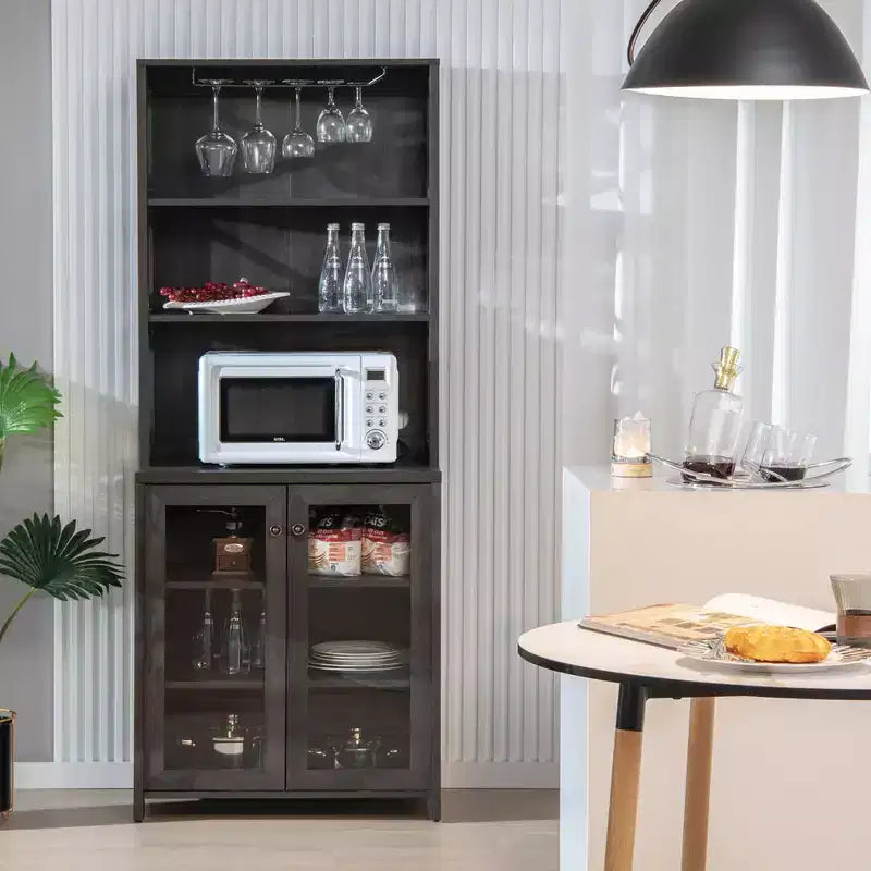 Costway Tall Freestanding Bar Cabinet Kitchen Buffet w/ Glass Holder & Adjustable Shelf