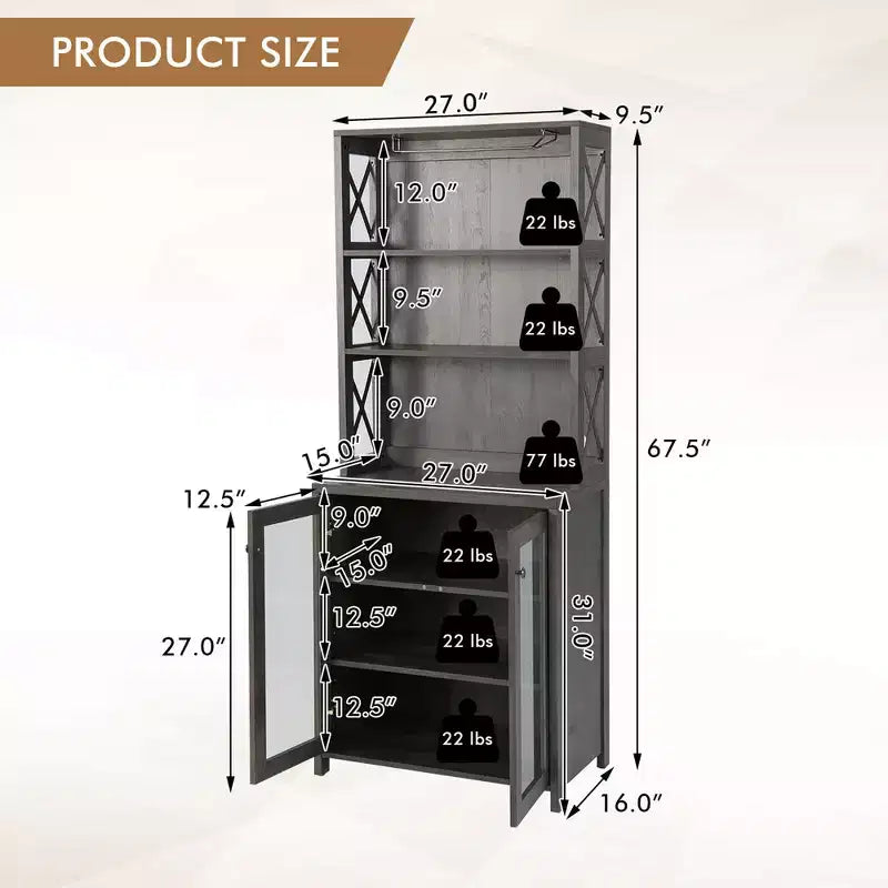 Costway Tall Freestanding Bar Cabinet Kitchen Buffet w/ Glass Holder & Adjustable Shelf