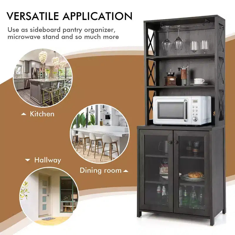 Costway Tall Freestanding Bar Cabinet Kitchen Buffet w/ Glass Holder & Adjustable Shelf