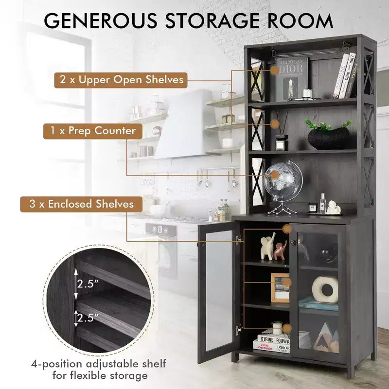 Costway Tall Freestanding Bar Cabinet Kitchen Buffet w/ Glass Holder & Adjustable Shelf