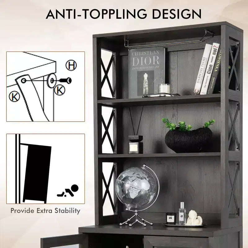 Costway Tall Freestanding Bar Cabinet Kitchen Buffet w/ Glass Holder & Adjustable Shelf