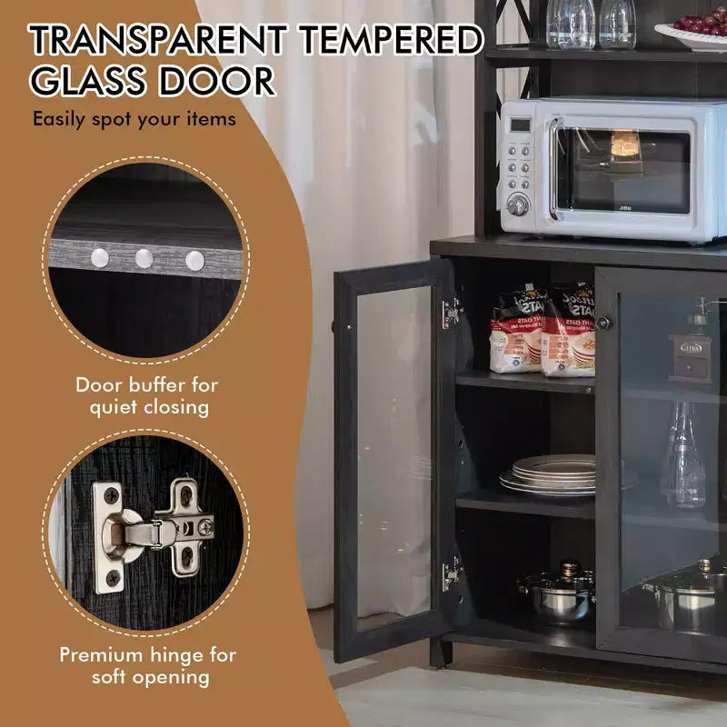 Costway Tall Freestanding Bar Cabinet Kitchen Buffet w/ Glass Holder & Adjustable Shelf