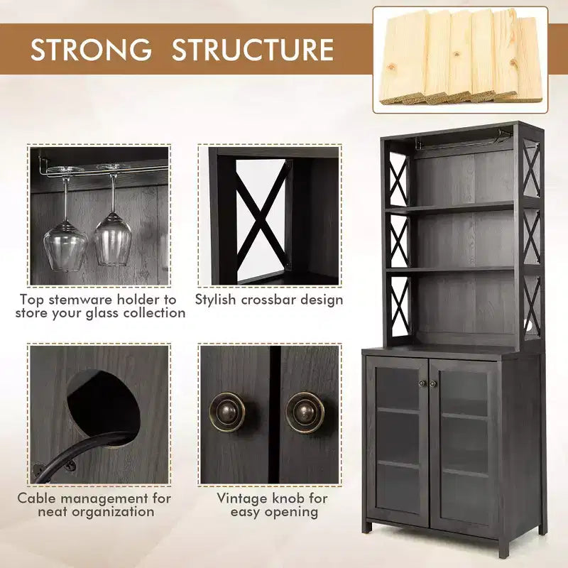 Costway Tall Freestanding Bar Cabinet Kitchen Buffet w/ Glass Holder & Adjustable Shelf