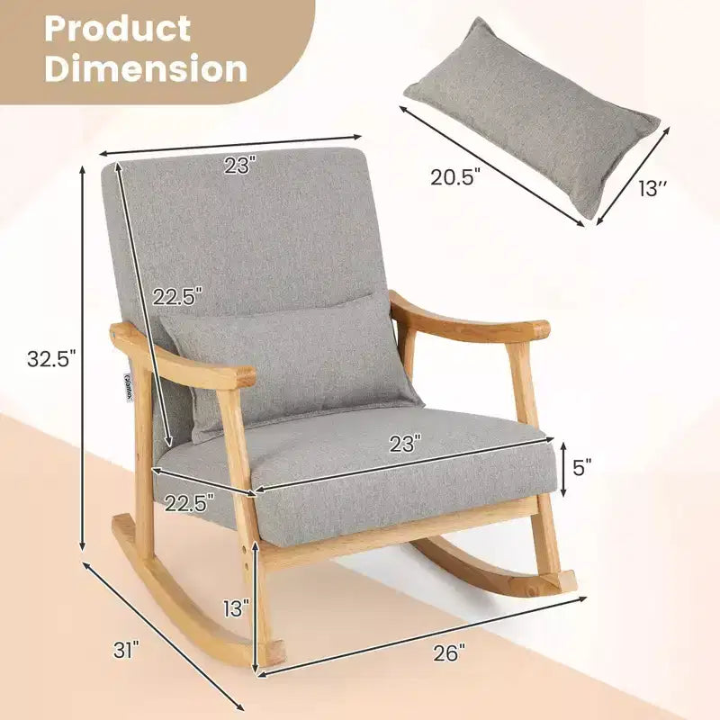 Costway Upholstered Rocking Chair with Pillow Rocking Armchair with Rubber Wood Frame Grey