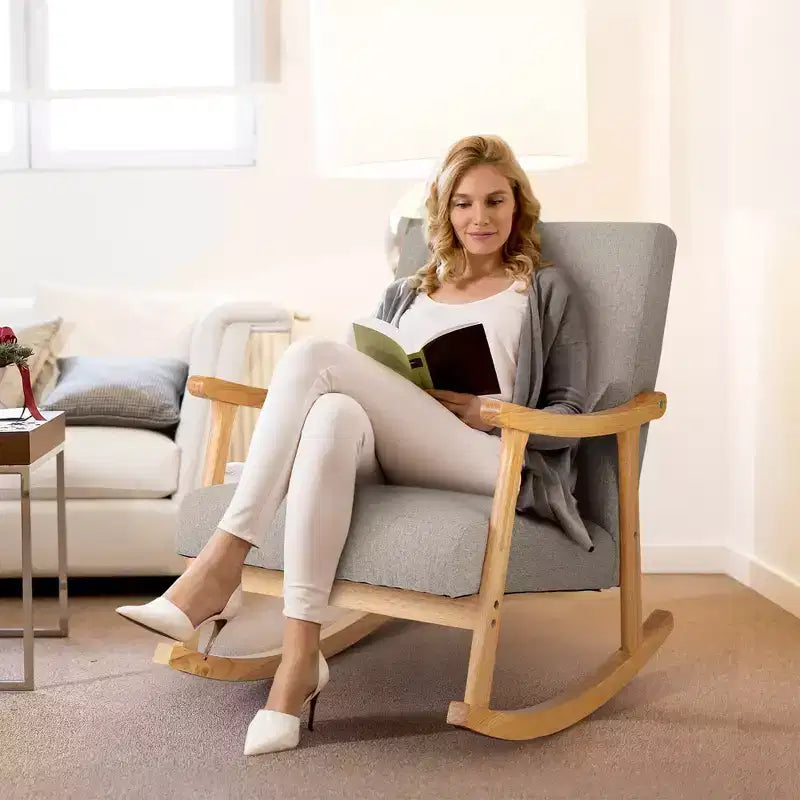 Costway Upholstered Rocking Chair with Pillow Rocking Armchair with Rubber Wood Frame Grey