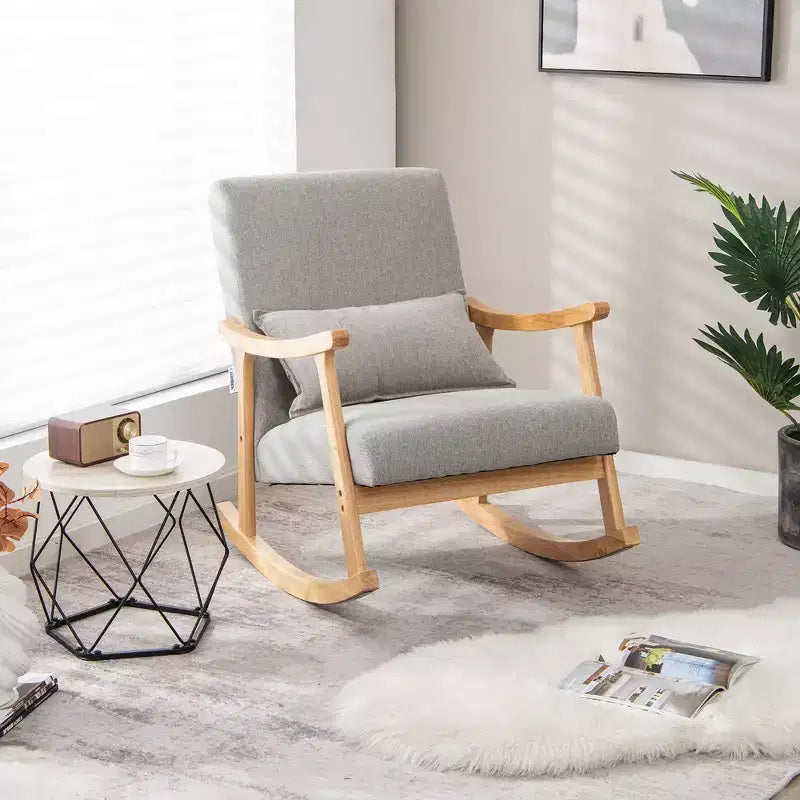 Costway Upholstered Rocking Chair with Pillow Rocking Armchair with Rubber Wood Frame Grey