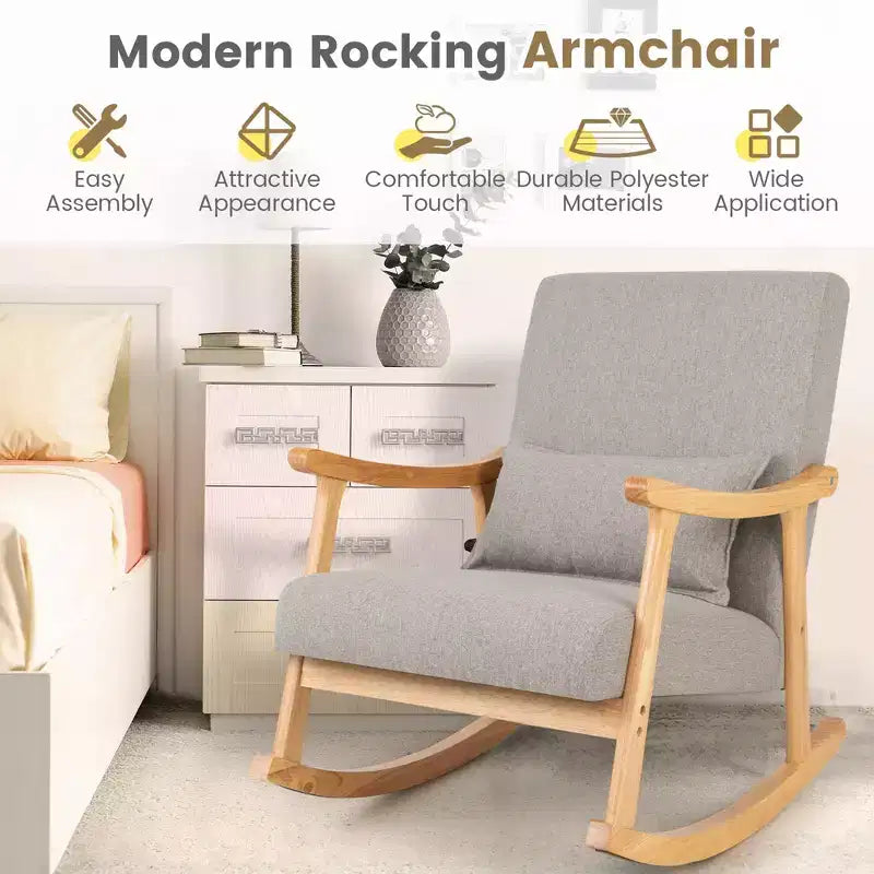 Costway Upholstered Rocking Chair with Pillow Rocking Armchair with Rubber Wood Frame Grey