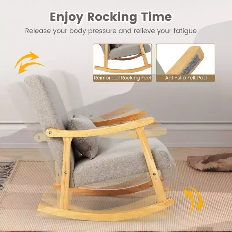 Costway Upholstered Rocking Chair with Pillow Rocking Armchair with Rubber Wood Frame Grey