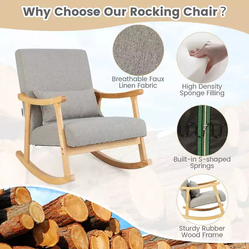 Costway Upholstered Rocking Chair with Pillow Rocking Armchair with Rubber Wood Frame Grey