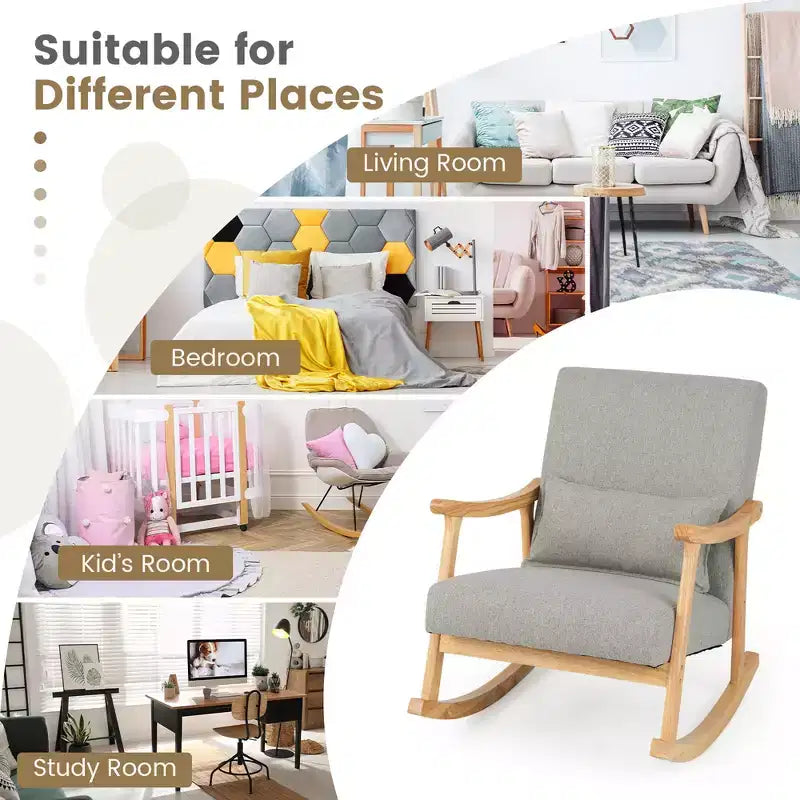 Costway Upholstered Rocking Chair with Pillow Rocking Armchair with Rubber Wood Frame Grey