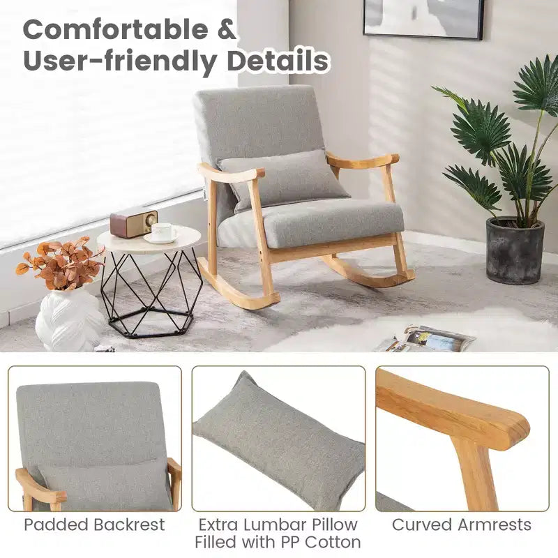 Costway Upholstered Rocking Chair with Pillow Rocking Armchair with Rubber Wood Frame Grey